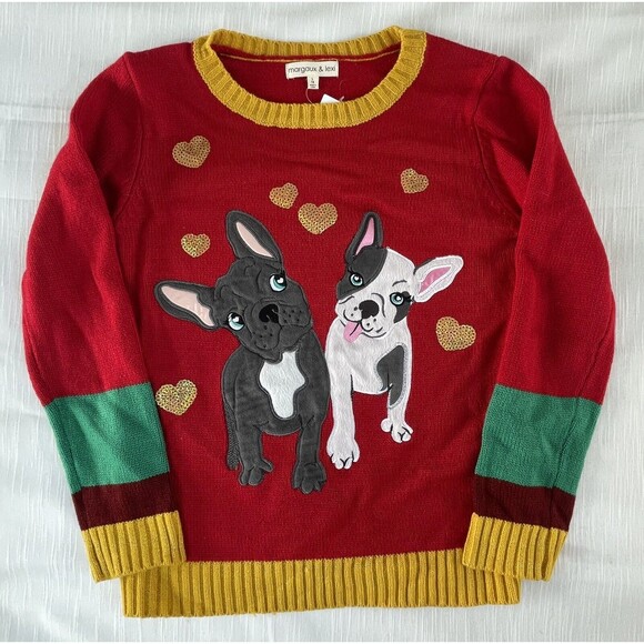 Margaux & Lexi Girls Red Combo Dog Pullover Holiday Sweater Sz L 14 New - Picture 1 of 7